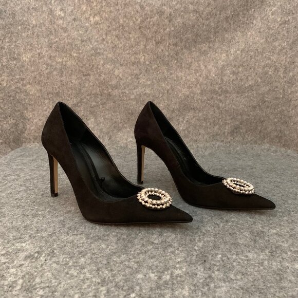 Zara Women Black Suede Pointed Toe Heel with Front Rhinestones Pump Shoes - Picture 6 of 11